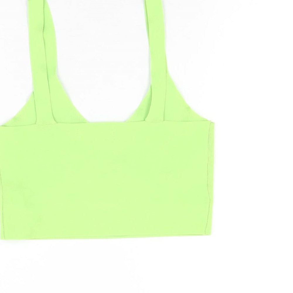 Pink Woman Womens Green Polyester Cropped T-Shirt Size XS V-Neck