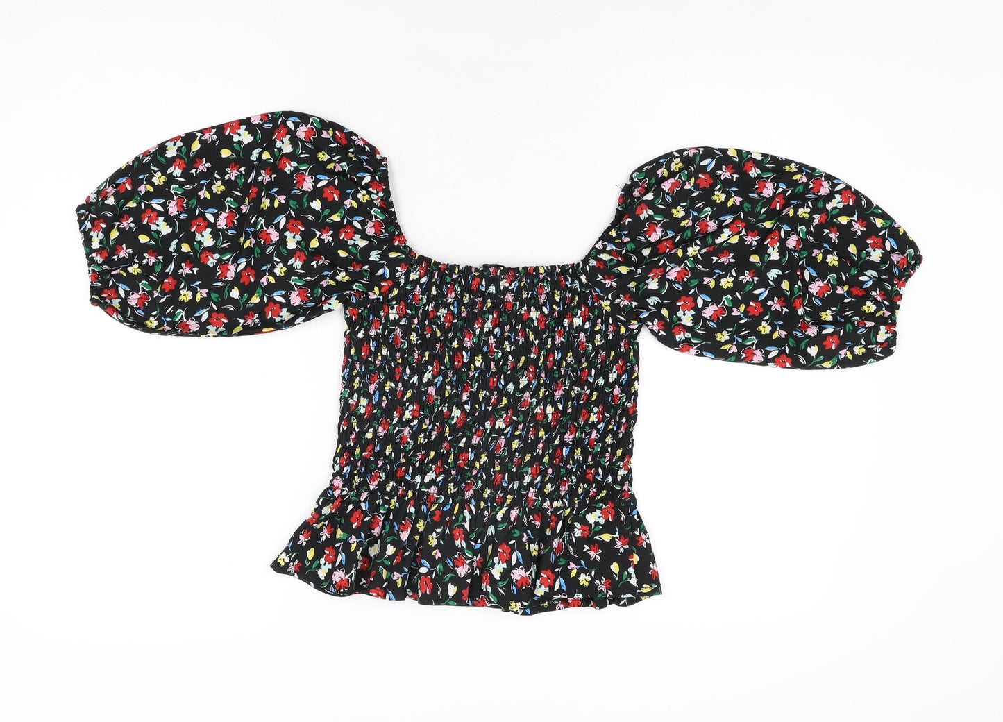 Wednesday's Girl Womens Black Floral Polyester Basic T-Shirt Size S Square Neck