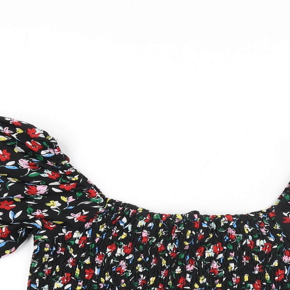 Wednesday's Girl Womens Black Floral Polyester Basic T-Shirt Size S Square Neck