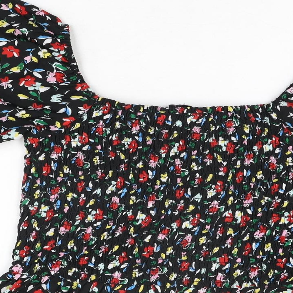 Wednesday's Girl Womens Black Floral Polyester Basic T-Shirt Size S Square Neck