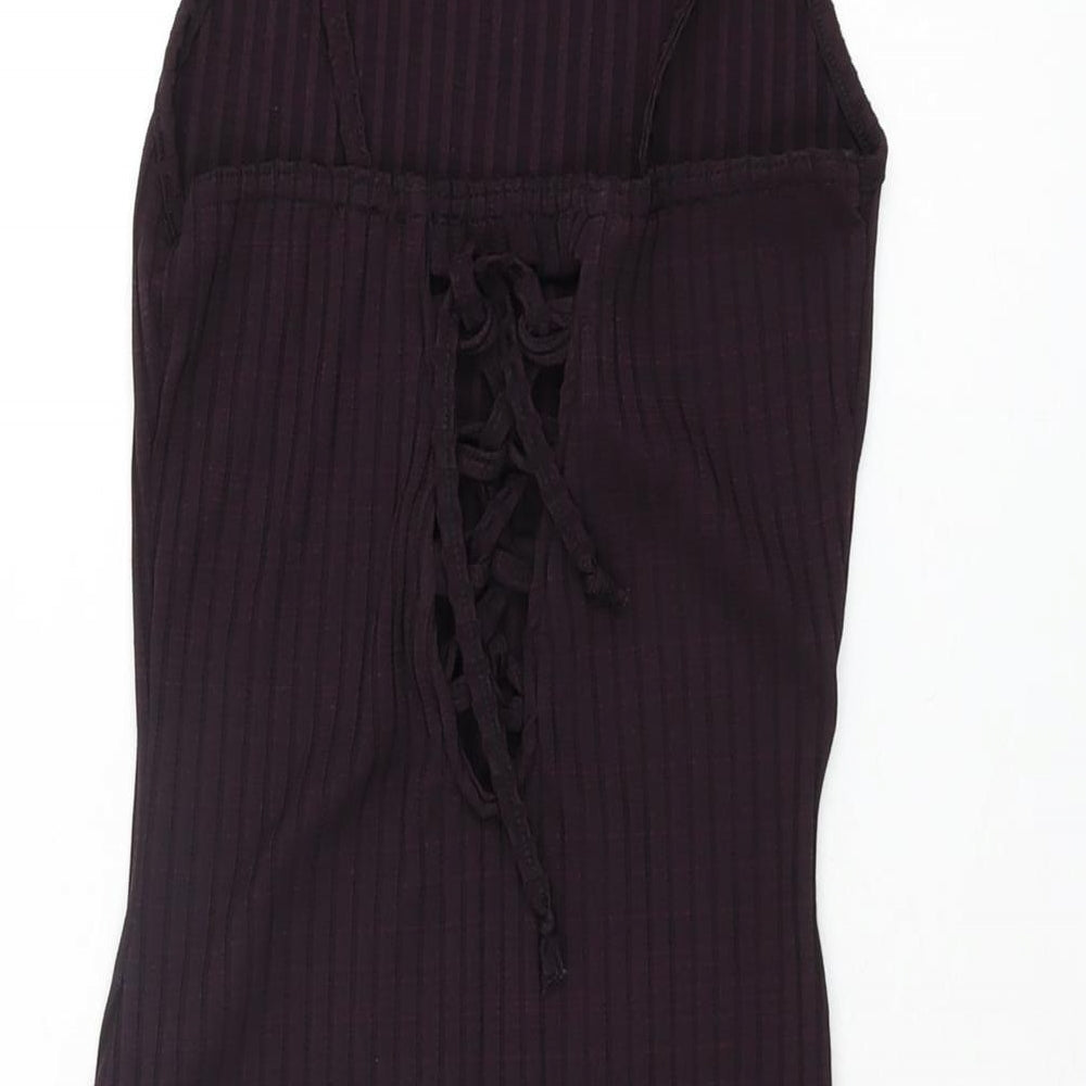 Brand and care label for Missguided women’s purple polyester bodycon, size UK 4, square neck tie