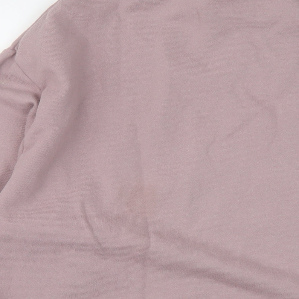 Brand and care label for ASOS women’s pink cotton pullover sweatshirt, size S, pullover
