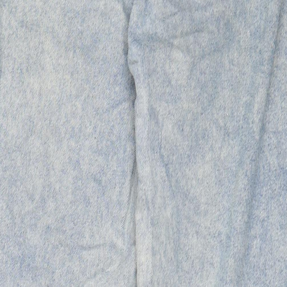 Brand and care label for ASOS women’s blue cotton straight jeans, size UK 30, 32-inch leg regular zip