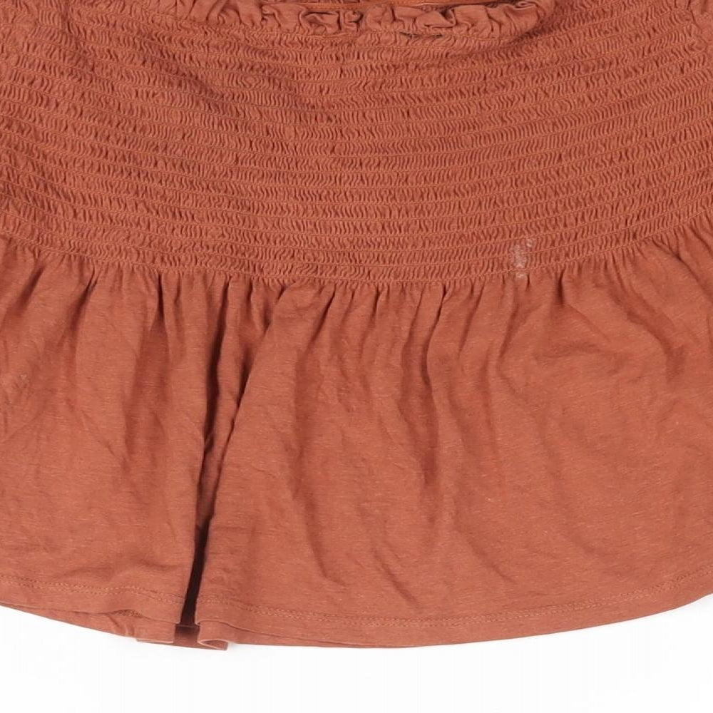 New Look Womens Brown Cotton Cropped Blouse Size 12 Off the Shoulder - Rouched