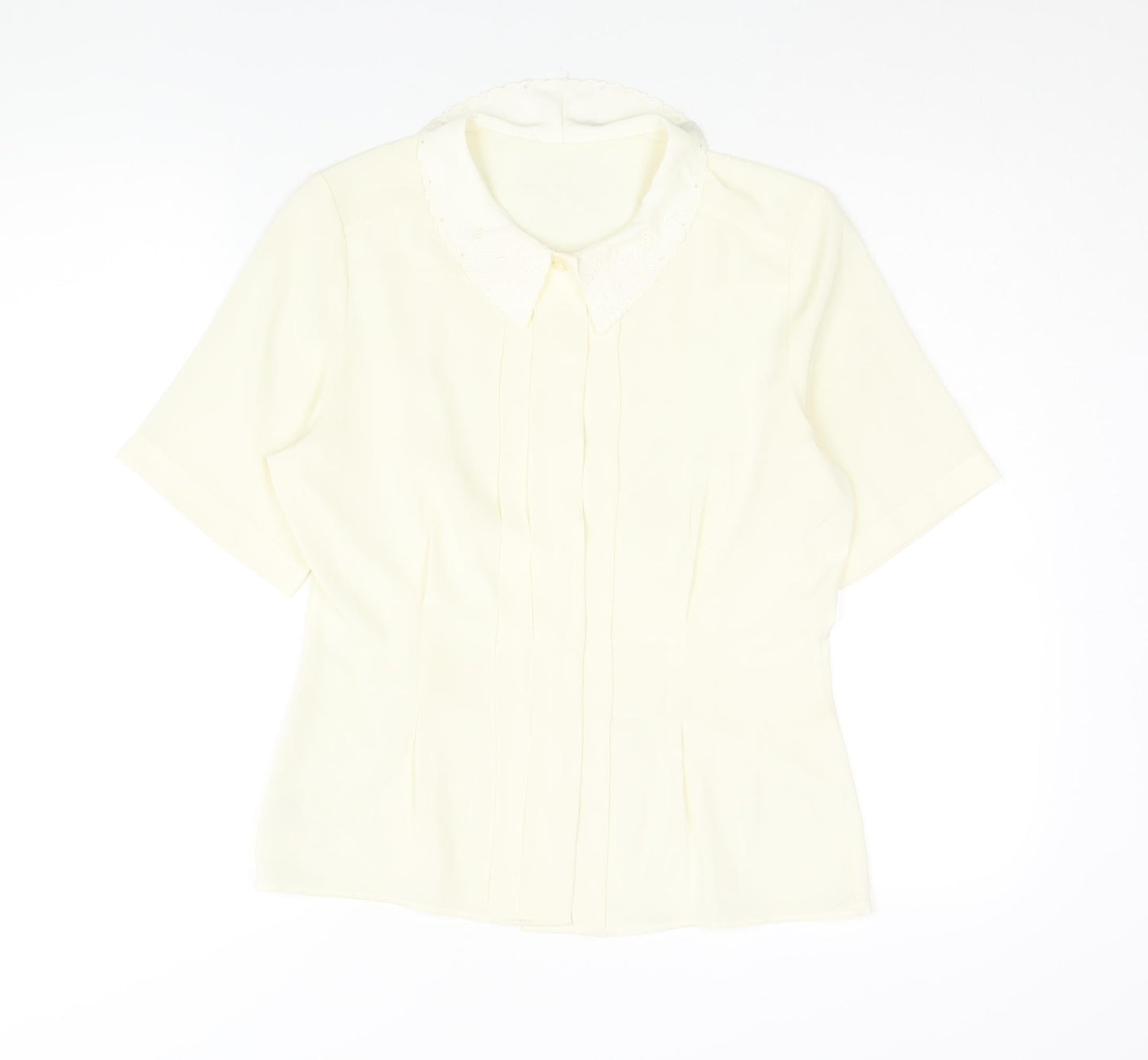 St Michael Womens Ivory Polyester Basic Blouse Size 10 Collared - Embroidered Collar Pleated Front