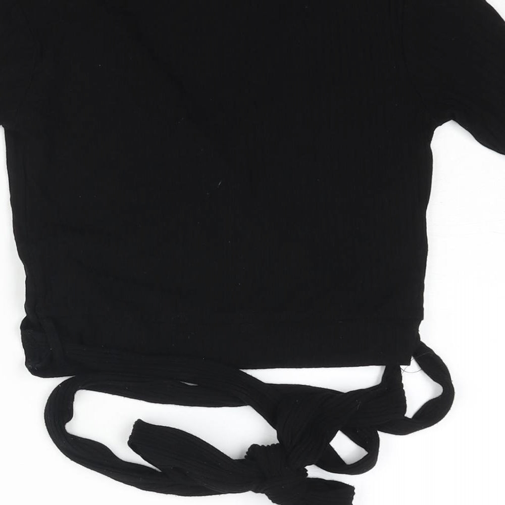 Stradivarius Womens Black Polyester Wrap T-Shirt Size S V-Neck - Ribbed
