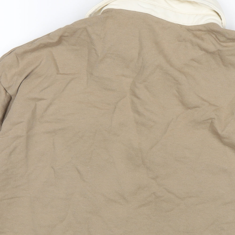 Brand and care label for ASOS women’s brown cotton pullover sweatshirt, size M, button