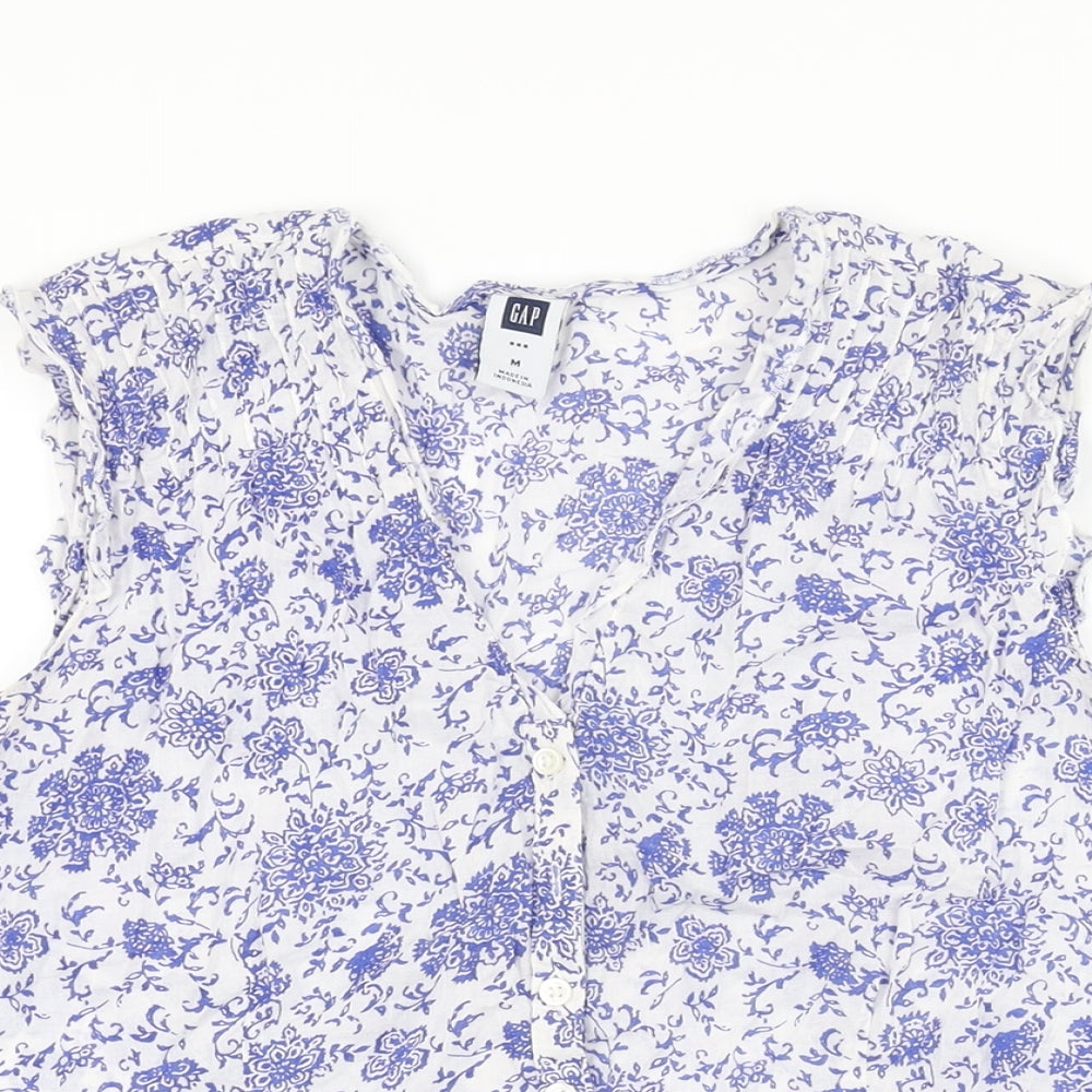 Gap Womens White Floral Cotton Basic Button-Up Size M V-Neck