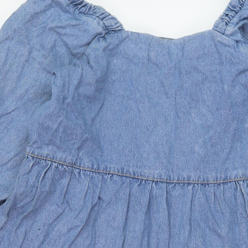 Brand and care label for Denim & Co. women’s blue cotton a-line, size UK 12, square neck pullover
