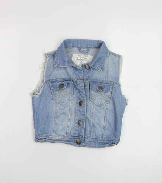 Additional front view of Denim & Co. women’s blue gilet jacket, size UK 8, button