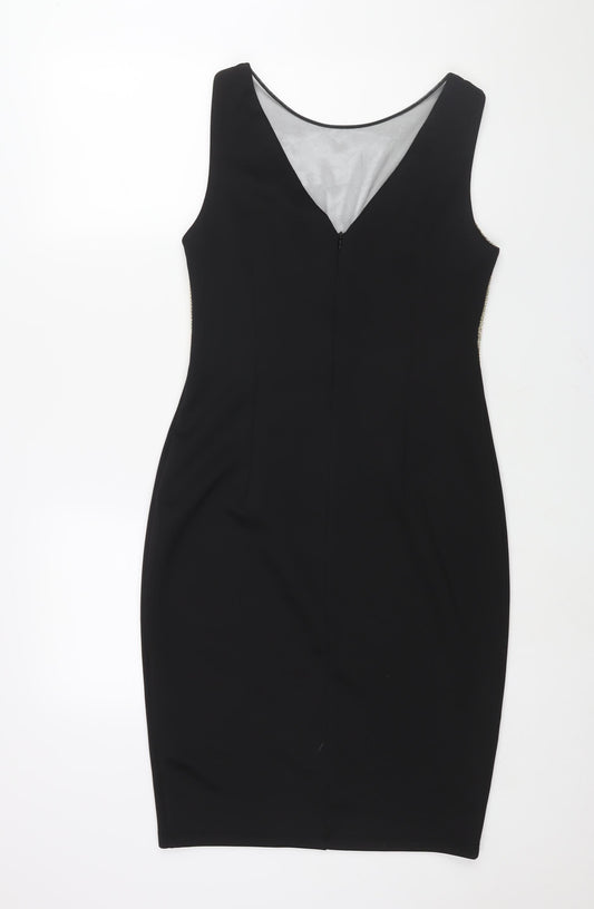Explosion Womens Black Cotton Pencil Dress Size 14 Round Neck Zip - Gold Chainmail Bodice Mesh V Neck