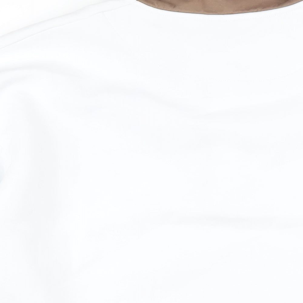 Brand and care label for ASOS men’s white cotton pullover sweatshirt, size S