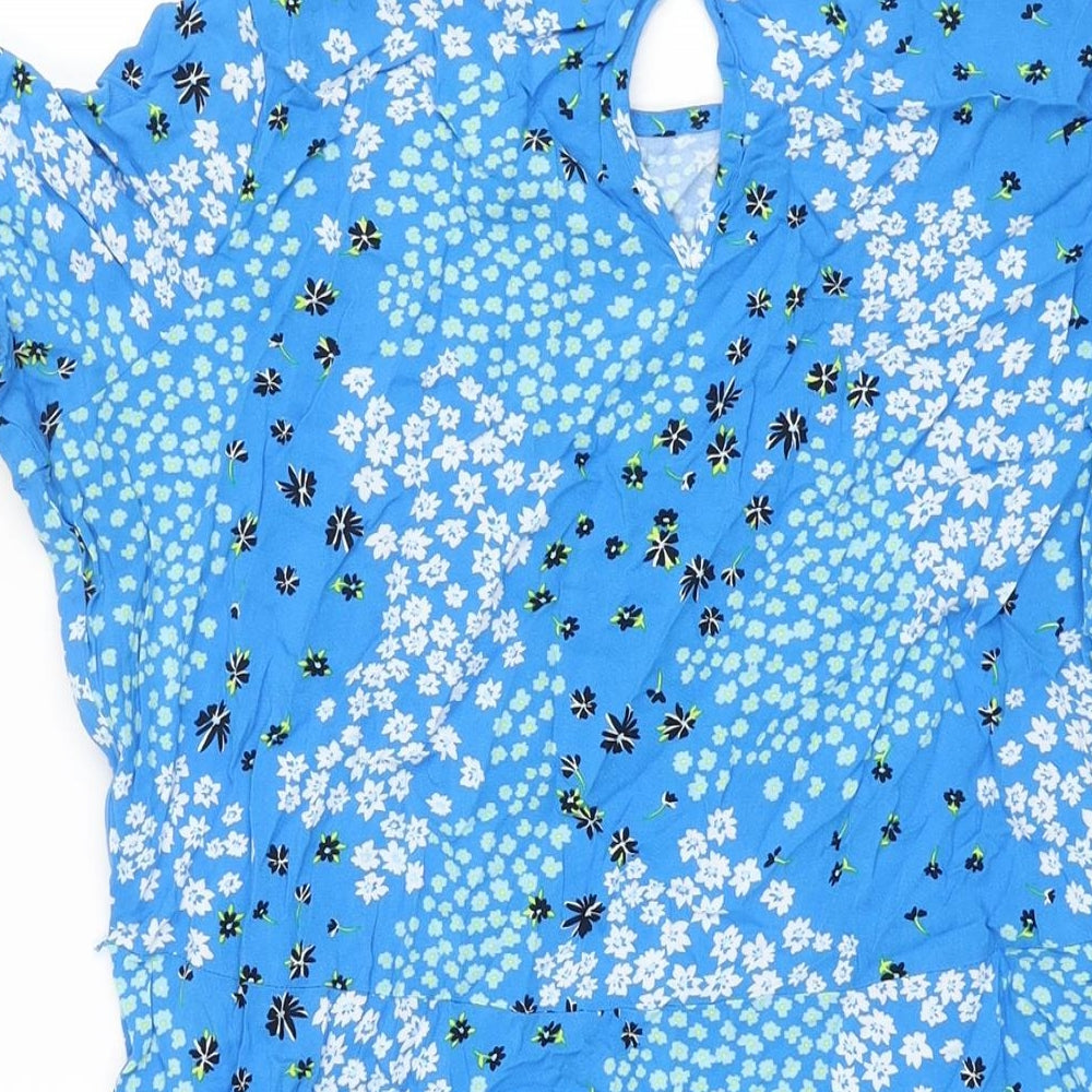 Marks and Spencer Womens Blue Floral Viscose A-Line Size 14 Round Neck Button