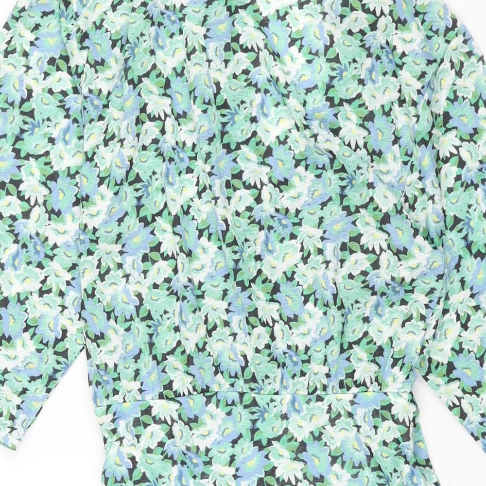 Pull&Bear Womens Green Floral Polyester Basic Blouse Size XS V-Neck - Wrap Style