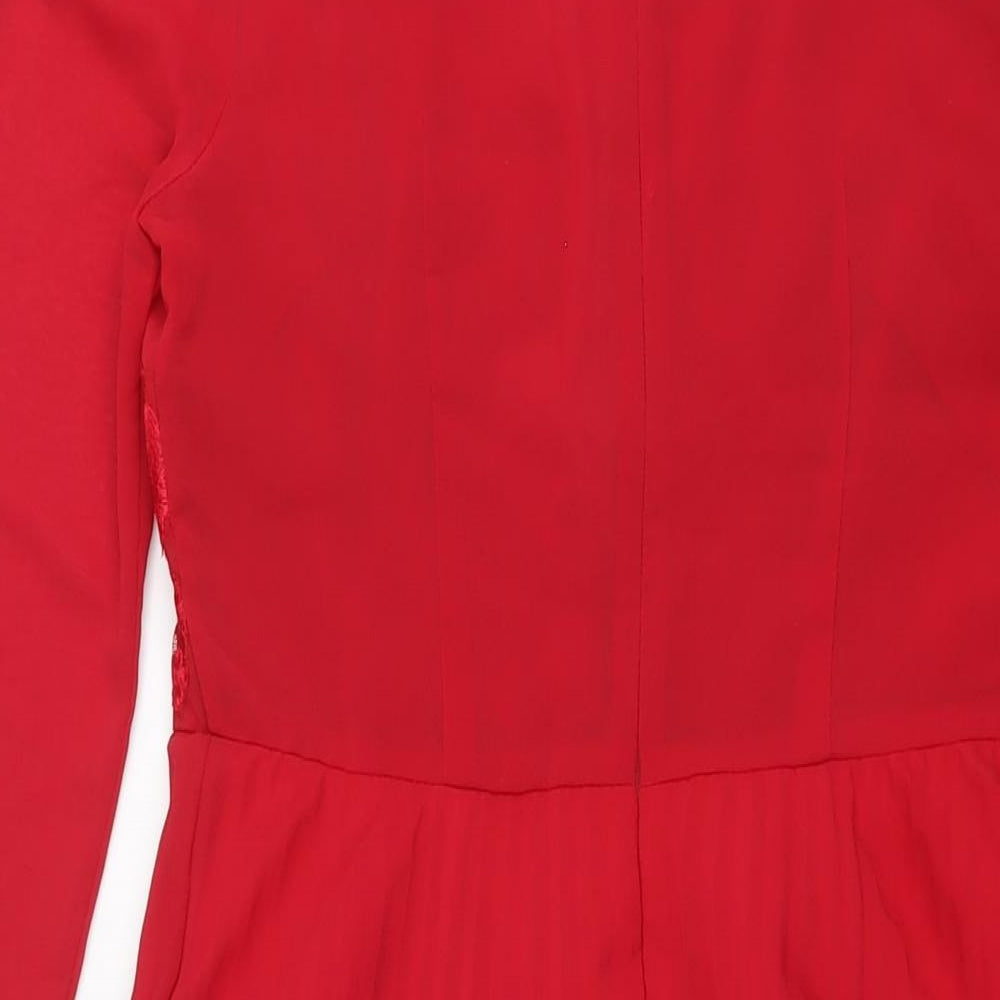 Brand and care label for ASOS women’s red polyester shift, size UK 10, mock neck zip - pleated lace detail