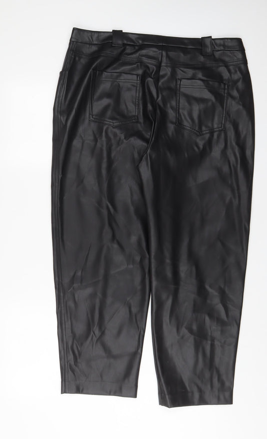 Marks and Spencer Womens Black Polyester Trousers Size 18 L26 in Regular Hook & Eye - Leather Look