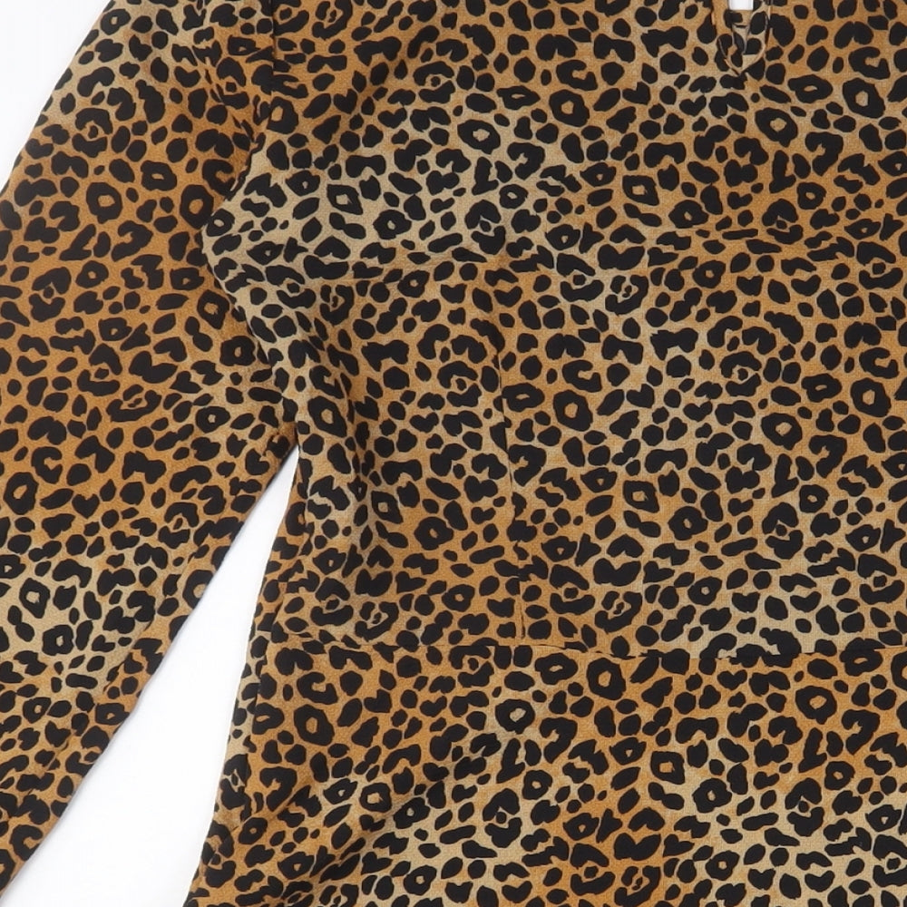 Brand and care label for h7M women’s brown animal print polyester a-line, size UK 10, crew neck zip