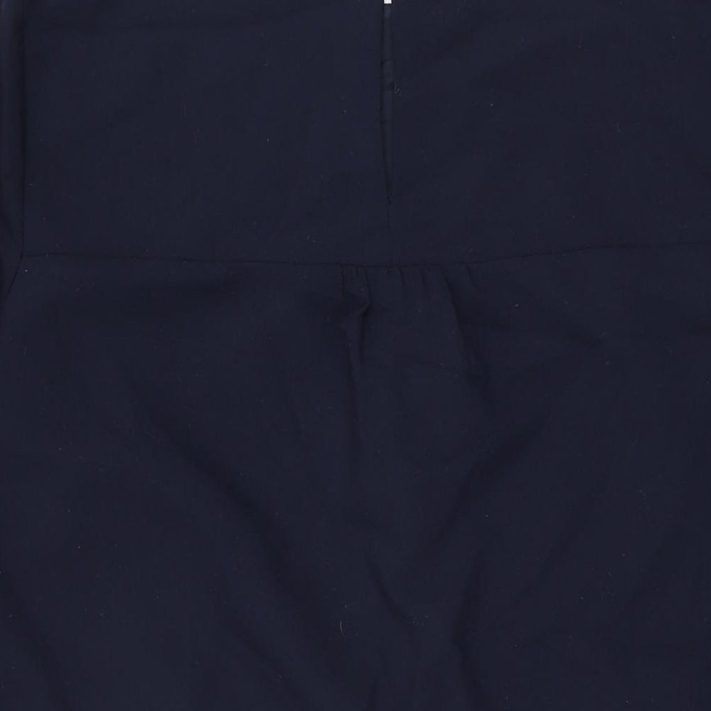 Brand and care label for Betty Jackson Black women’s blue polyester shift, size UK 18, round neck button