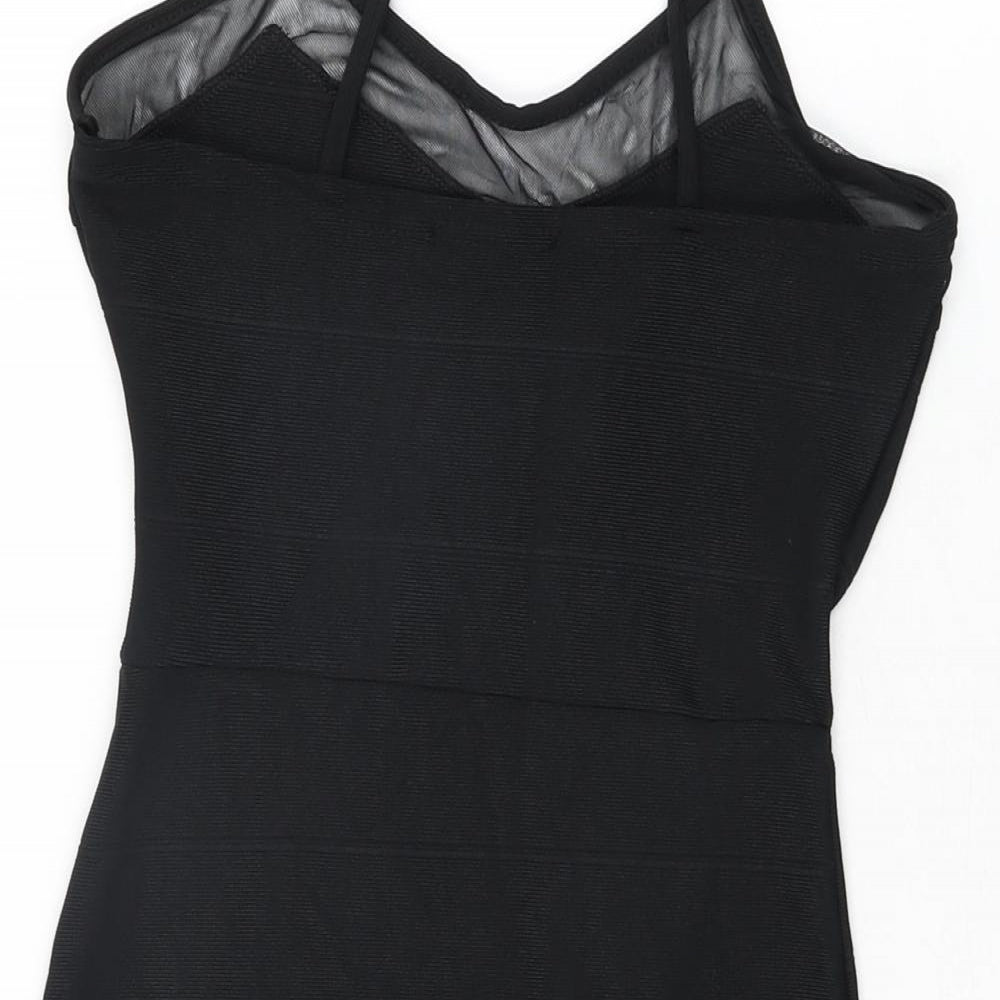 Brand and care label for Missguided women’s black polyester bodycon, size UK 8, v-neck pullover