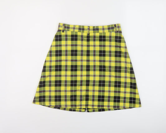 Monki Womens Yellow Plaid Polyester A-Line Skirt Size 8 Zip