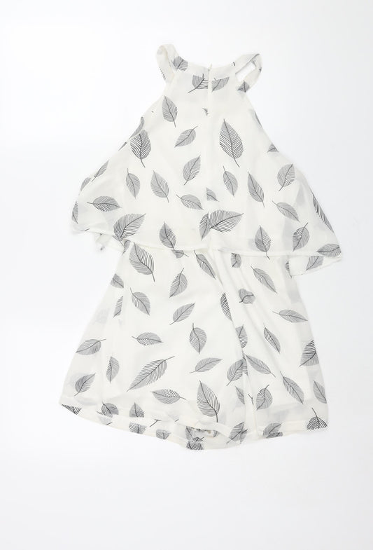 Lola May Womens White Geometric Polyester Playsuit One-Piece Size 8 Zip - Leaf Print