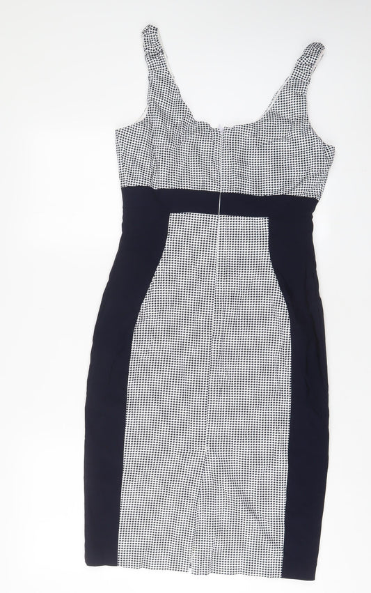 The pretty dress company Womens Blue Geometric Cotton Sheath Size 14 Scoop Neck Zip