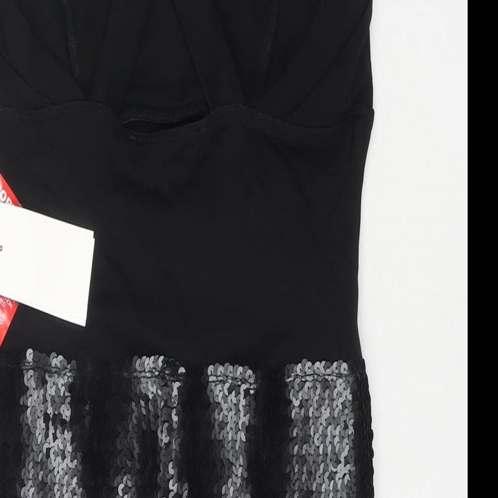 Brand and care label for ASOS women’s black polyester mini, size UK 12, v-neck pullover - sequin detail