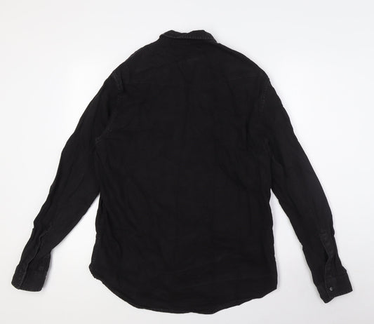 River Island Mens Black Cotton Button-Up Size M Collared Snap