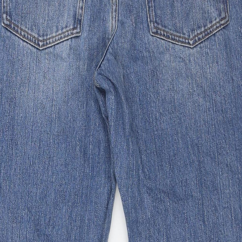 Brand and care label for ASOS women’s blue cotton mom jeans, size UK 10, 32-inch leg regular snap
