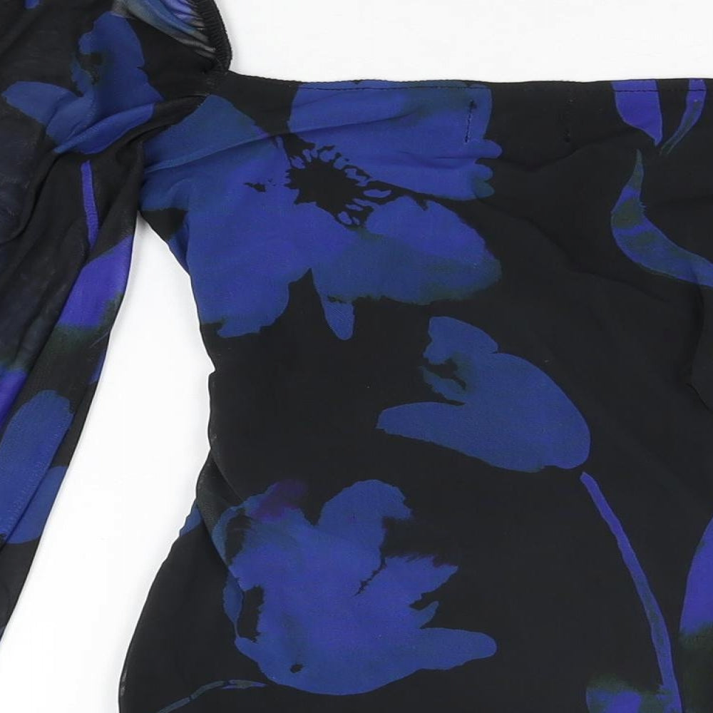 Brand and care label for ASOS women’s black floral polyester bodycon, size UK 6, sweetheart pullover