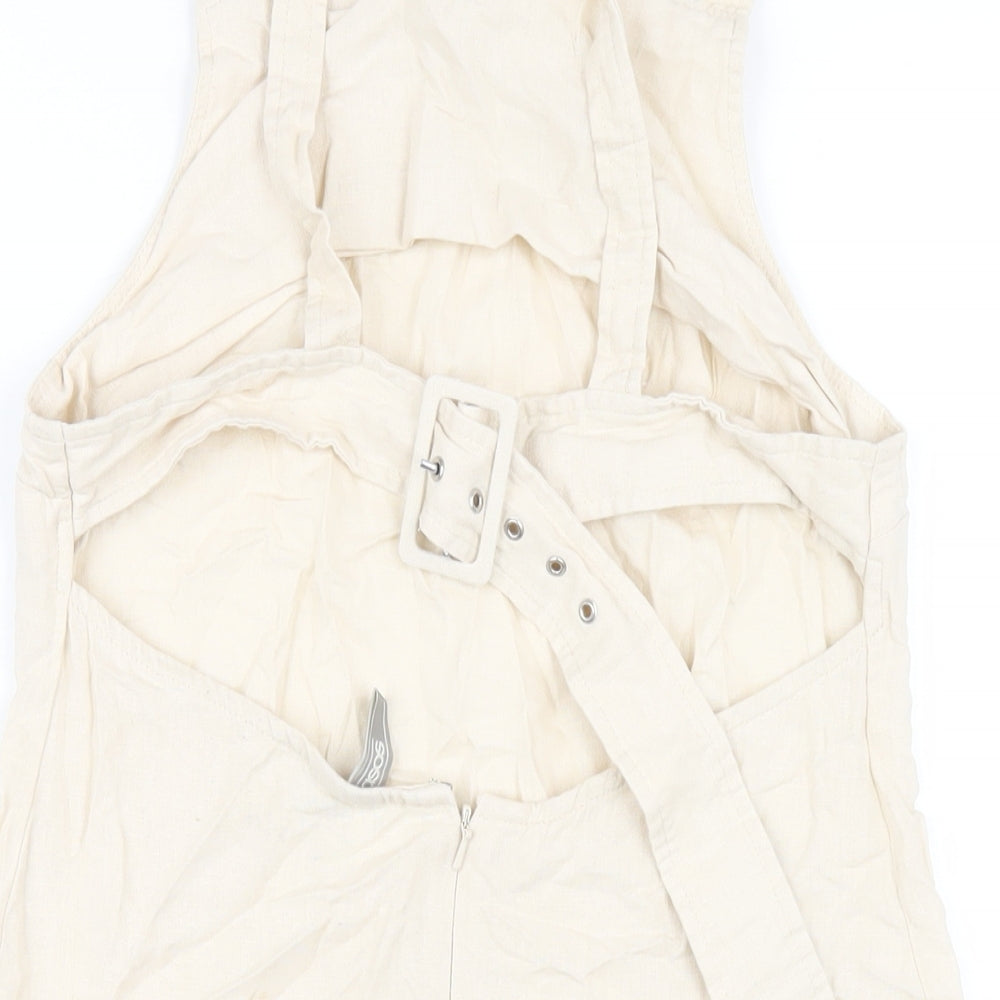 Brand and care label for ASOS women’s beige linen a-line, size UK 10, square neck zip