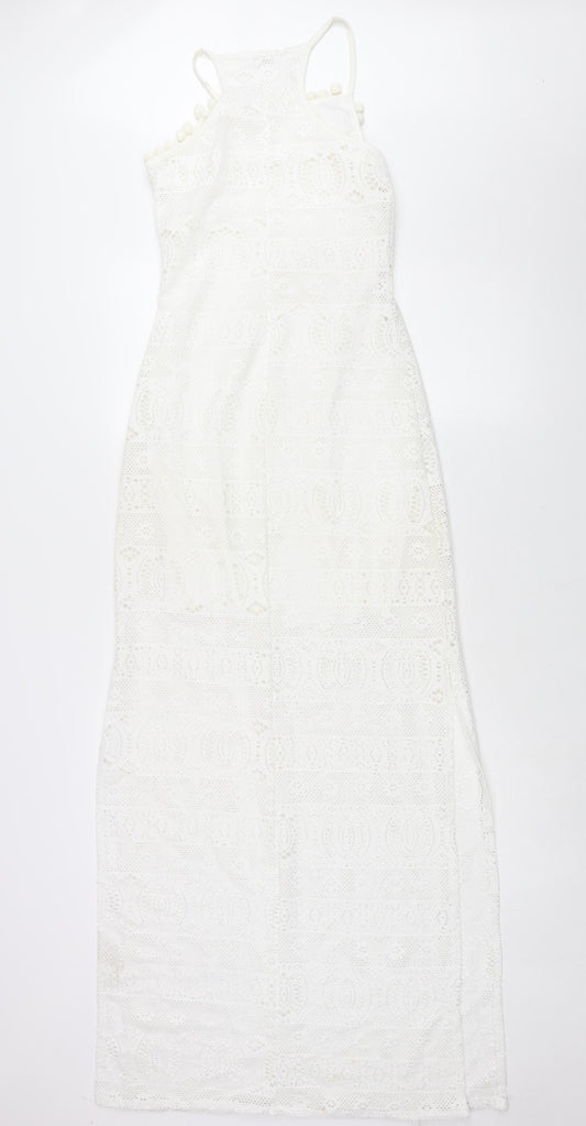 Spotted Womens White Polyester Maxi Size 8 Round Neck Pullover - Side Slits