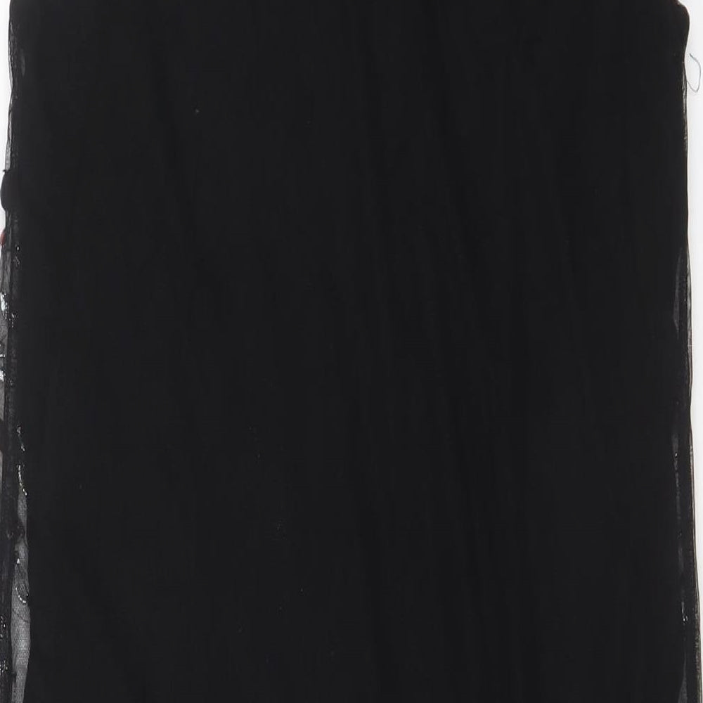 Brand and care label for ASOS women’s black polyester a-line, size UK 10, boat neck zip - jewels