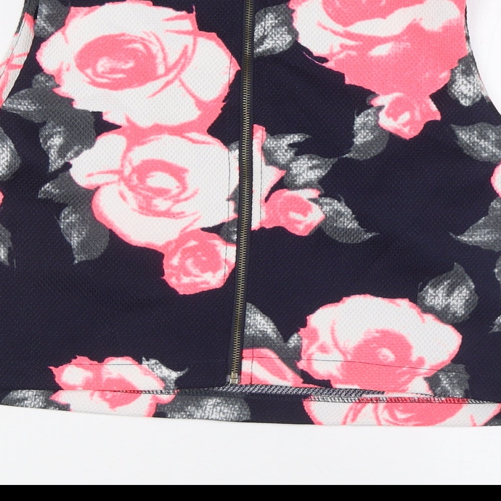 Brand and care label for AX women’s multicoloured floral polyester cropped tank, size UK 14, round neck