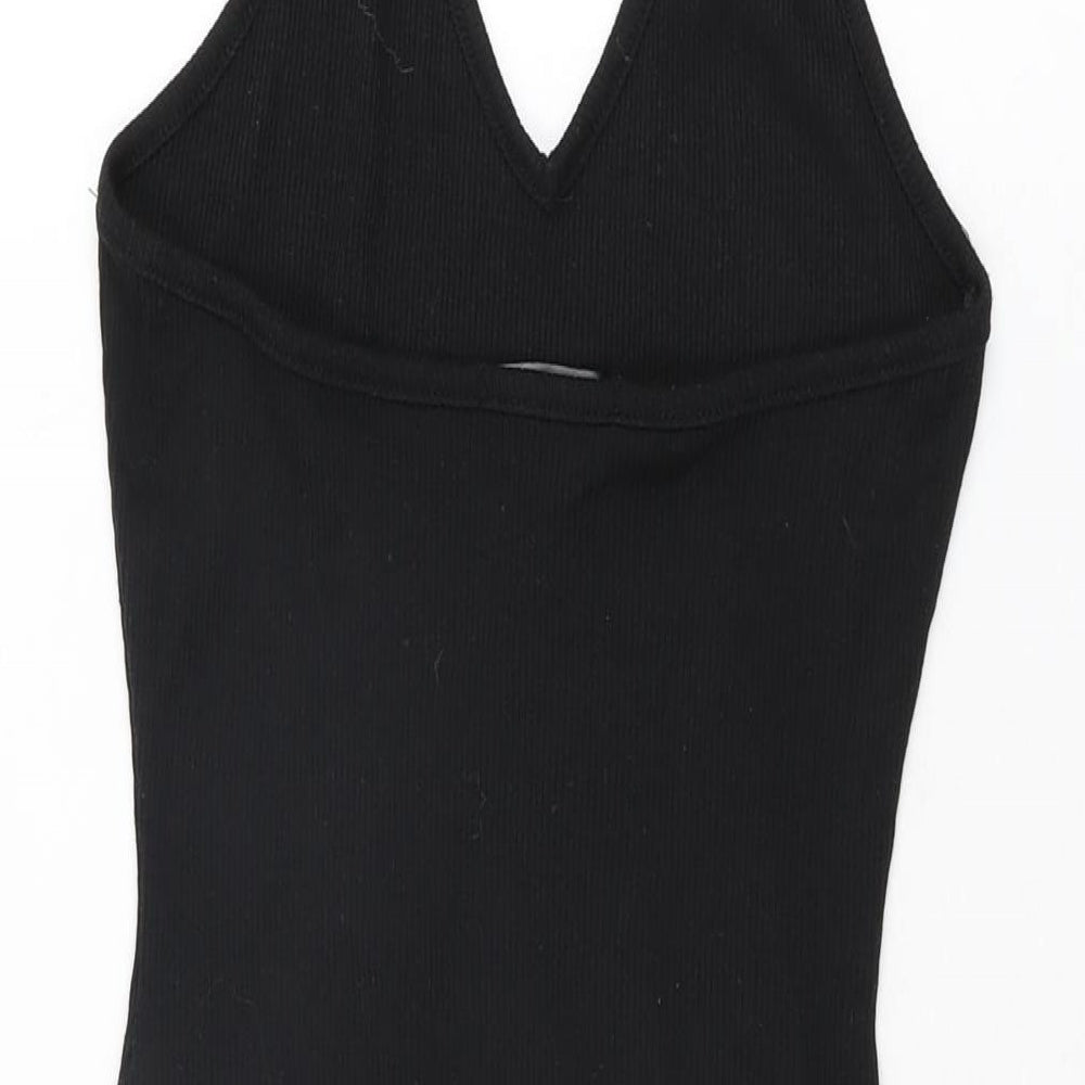 Brand and care label for Missguided women’s black polyester bodycon, size UK 8, halter tie