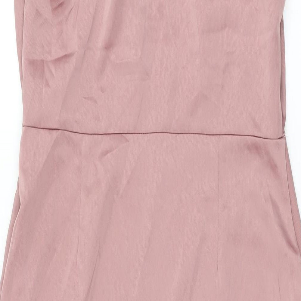 Brand and care label for Missguided women’s pink polyester bodycon, size UK 10, cowl neck zip