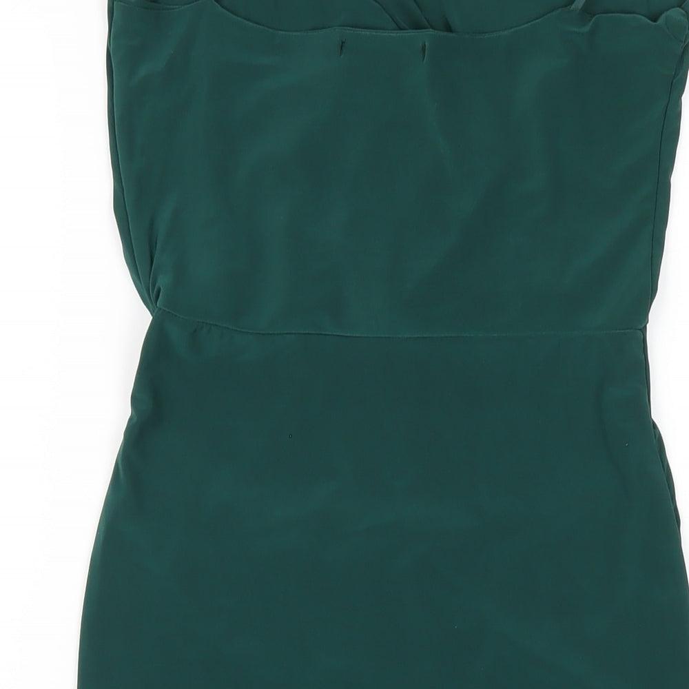 Brand and care label for Missguided women’s green polyester bodycon, size UK 8, v-neck pullover