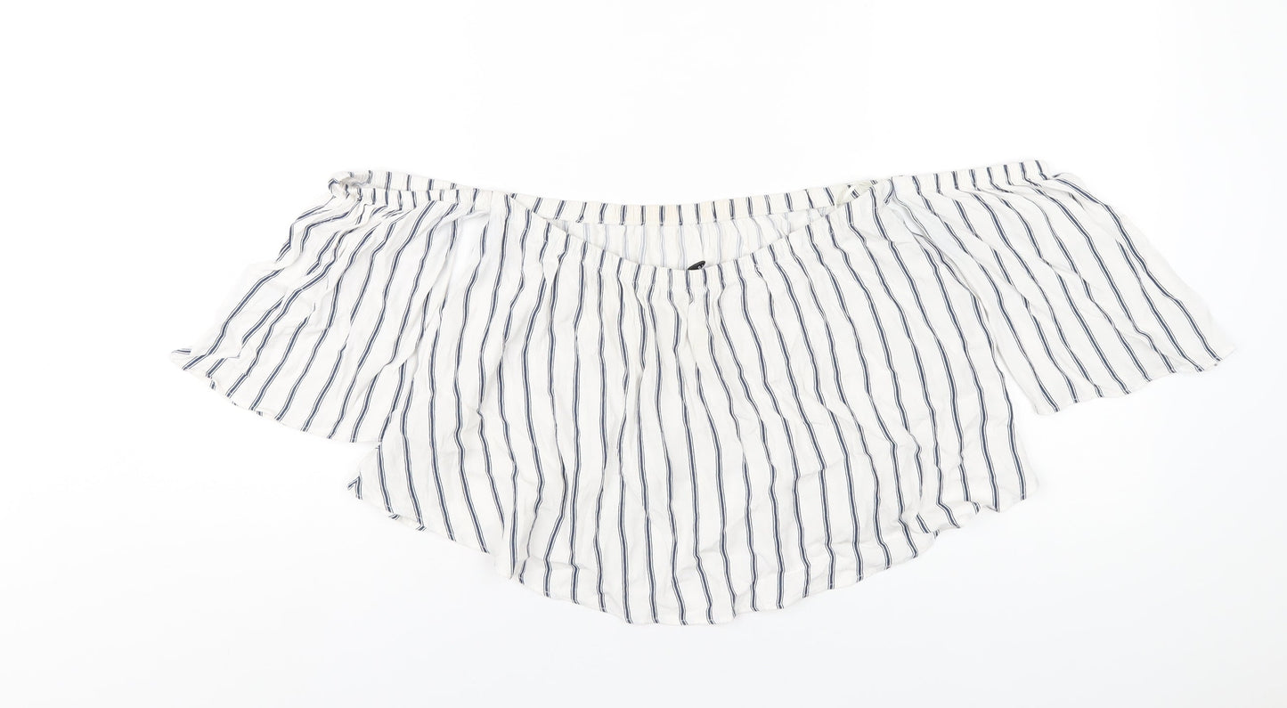 Pull&Bear Womens White Striped Viscose Basic T-Shirt Size L Off the Shoulder