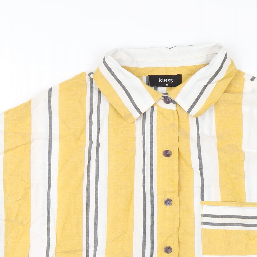 Klass Womens Yellow Striped Polyester Basic Button-Up Size 14 Collared
