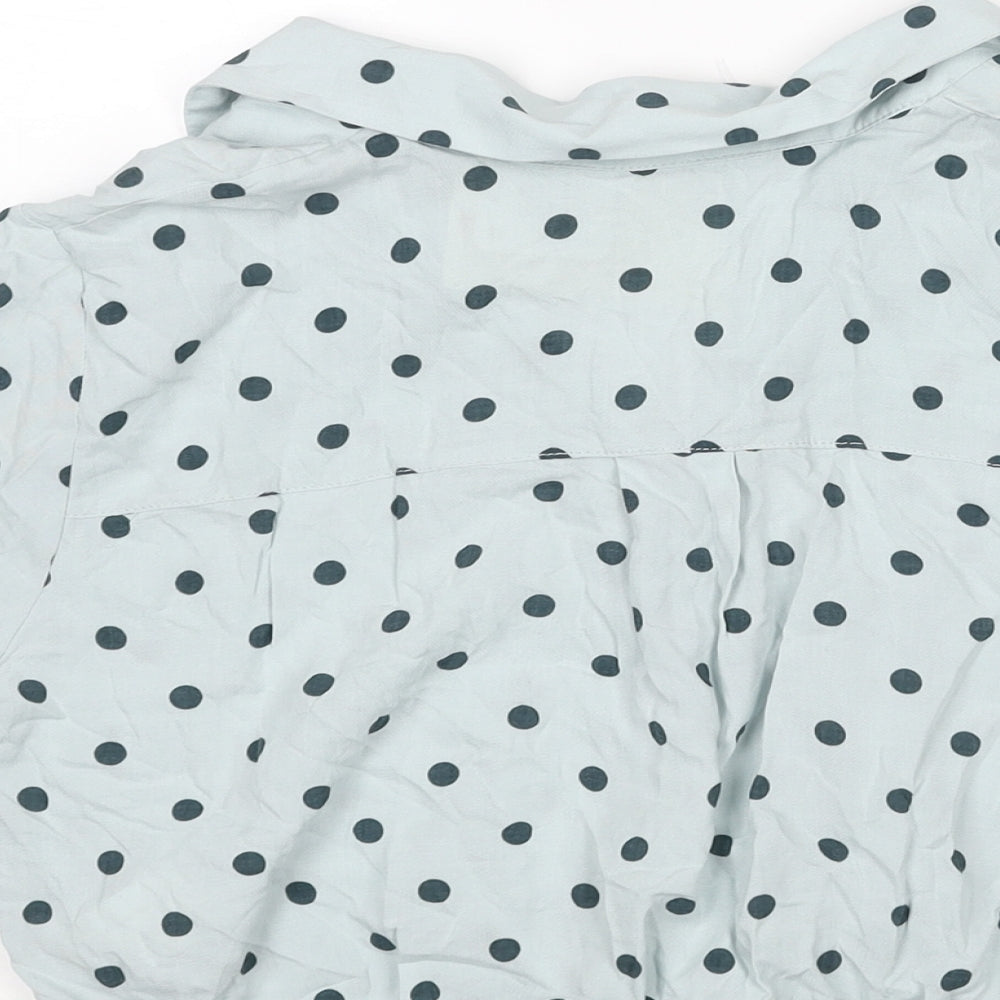 Pull&Bear Womens Blue Polka Dot Viscose Cropped Blouse Size S Collared - Tie Detail