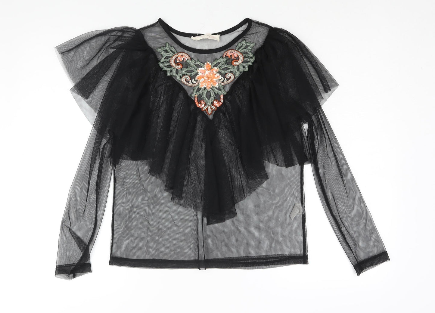 Twinkle Womens Black Polyester Basic Blouse Size S Round Neck - Semi Sheer Frill Floral Embroidery