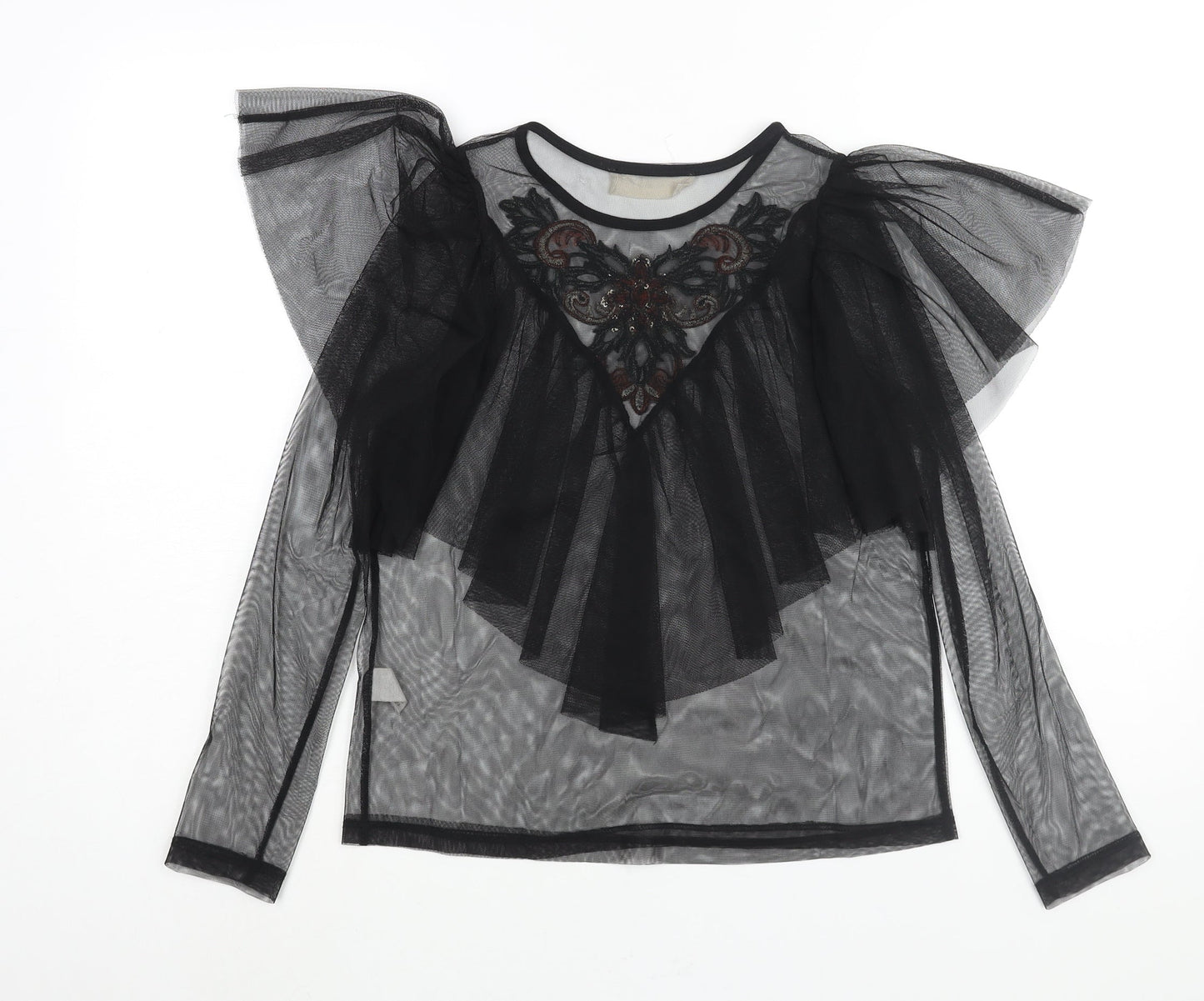 Twinkle Womens Black Polyester Basic Blouse Size S Round Neck - Semi Sheer Frill Floral Embroidery