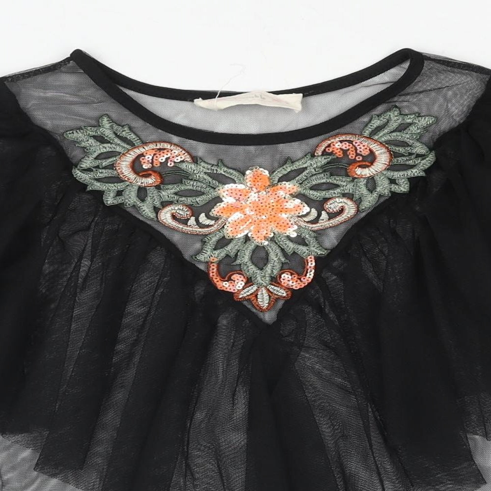 Twinkle Womens Black Polyester Basic Blouse Size S Round Neck - Semi Sheer Frill Floral Embroidery