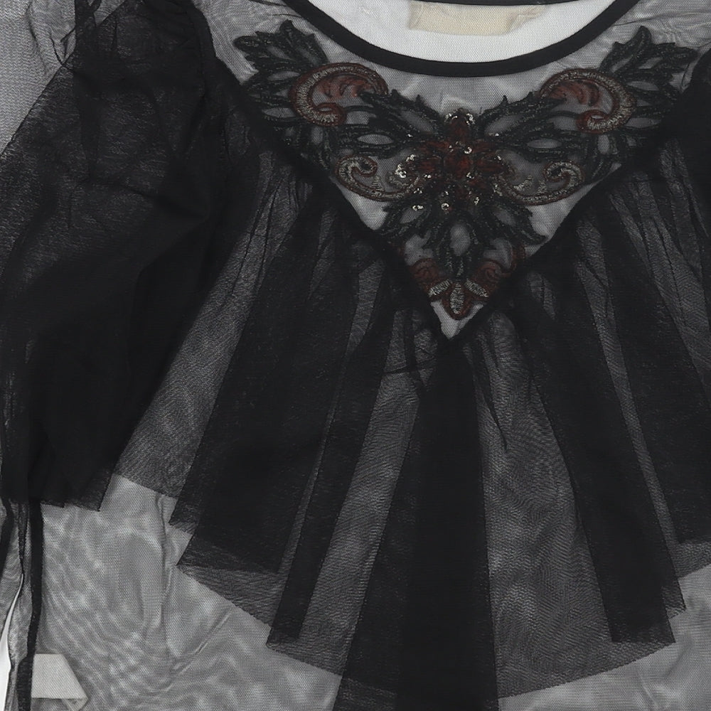 Twinkle Womens Black Polyester Basic Blouse Size S Round Neck - Semi Sheer Frill Floral Embroidery