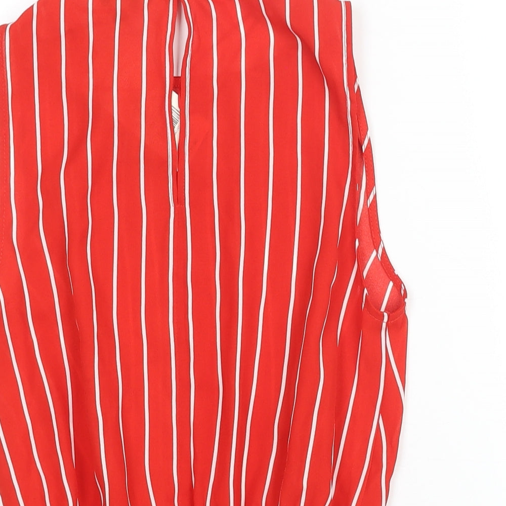 Brand and care label for Miss Selfridge women’s red striped polyester camisole blouse, round neck - tie detail peplum