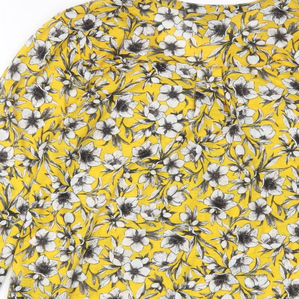 H&M Womens Yellow Floral Polyester Basic T-Shirt Size XS V-Neck - Buttons