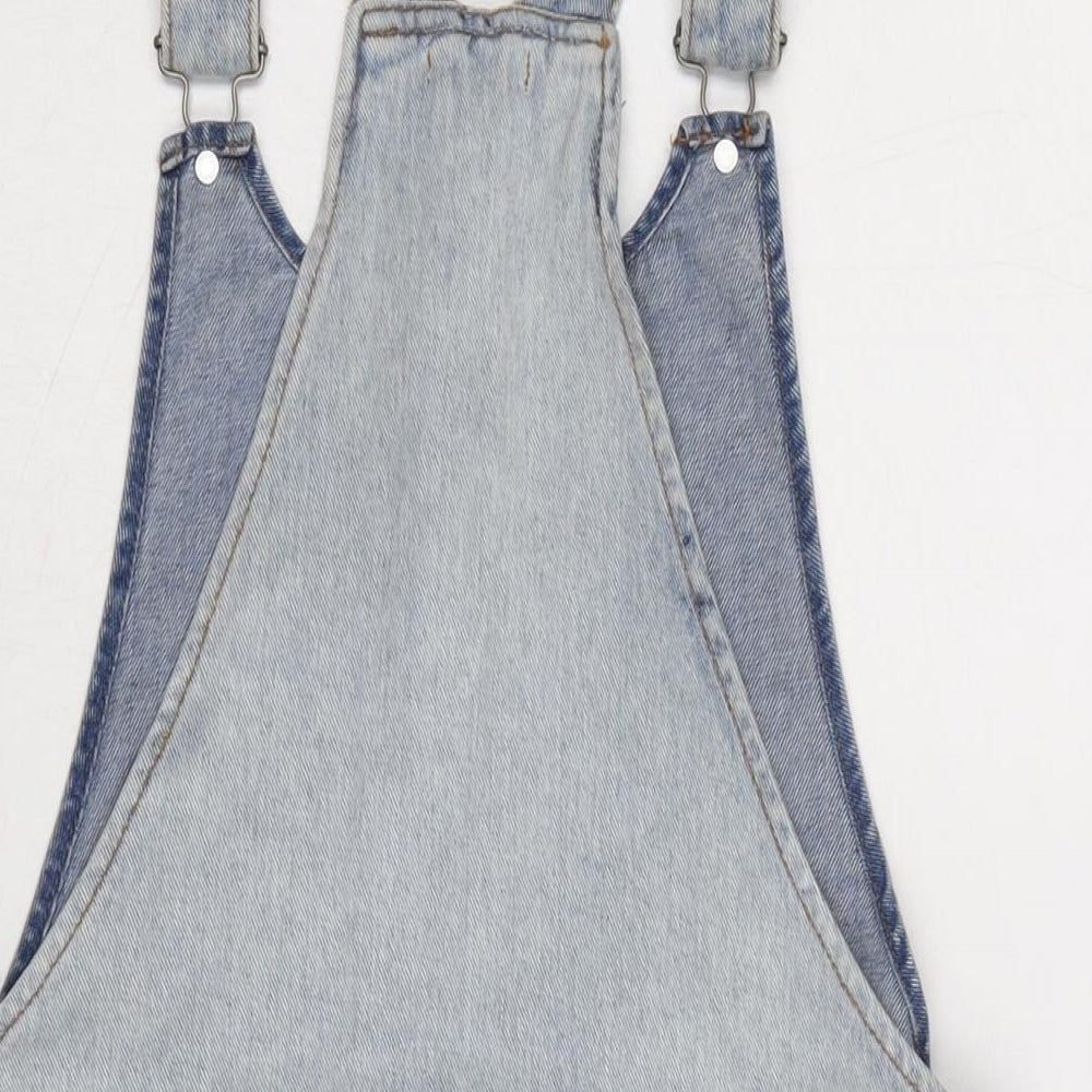 Brand and care label for Cooperative women’s blue cotton pinafore/dungaree dress, size S, round neck snap