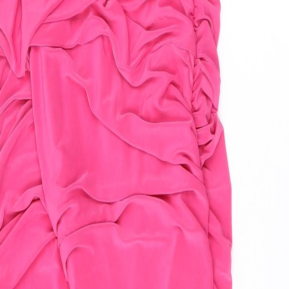 Brand and care label for I SAW IT FIRST women’s pink polyester bodycon, size UK 14, one shoulder pullover
