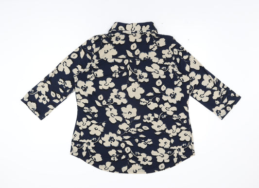 Anna Rose Womens Blue Floral Polyester Basic T-Shirt Size L Collared