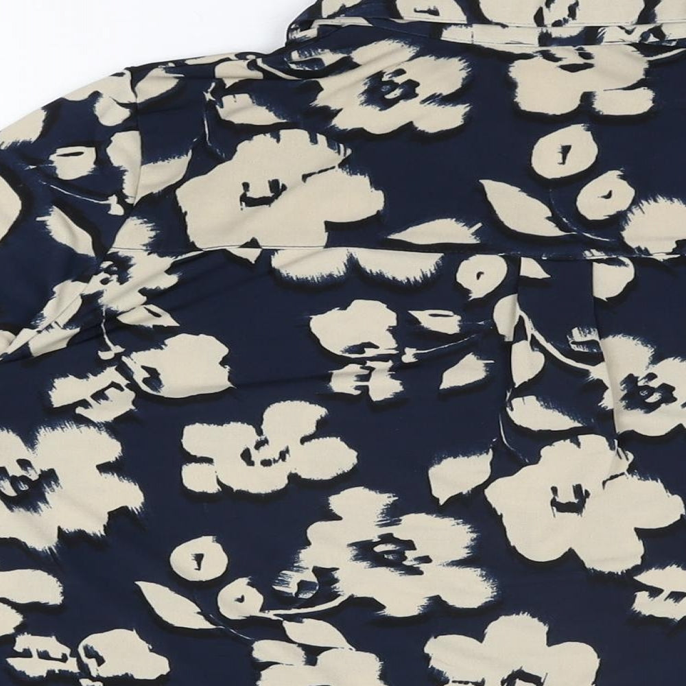 Anna Rose Womens Blue Floral Polyester Basic T-Shirt Size L Collared